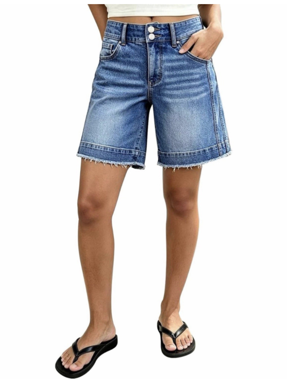 Flamingals Mid Rise Mid Thigh Length Denim Wash Raw Hem Shorts for Women M